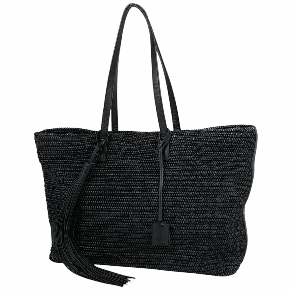 Saint Laurent Logo Tote Bag Raffia Straw Tan Fringe Leather Navy Blue